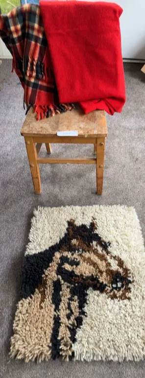 Wood Chair, Horse Rug, and Two Blankets