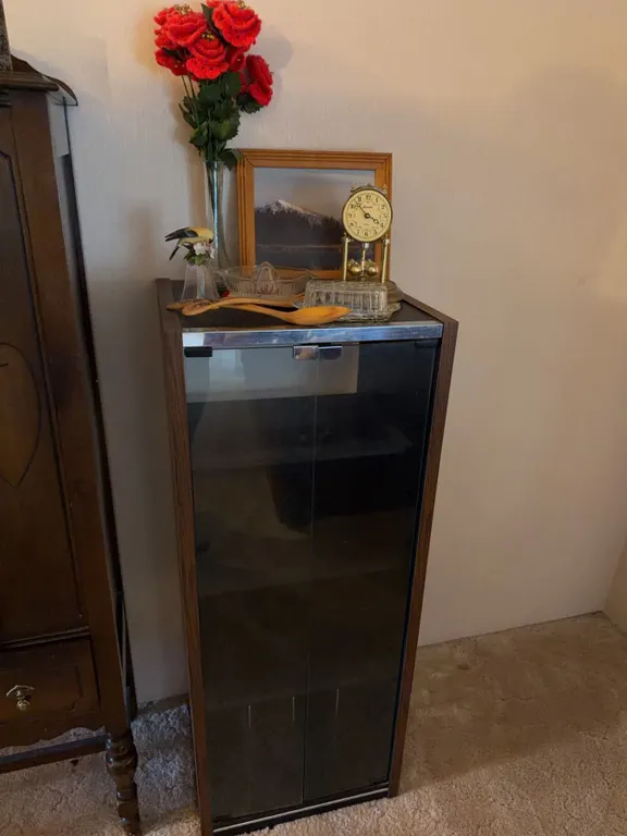 Tall Glass-Front Display Cabinet With Contents