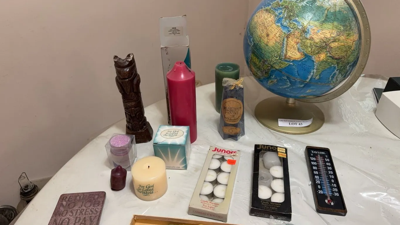 Lot: Candles, Candle Holders, Globe, and Decor