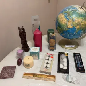 Lot: Candles, Candle Holders, Globe, and Decor