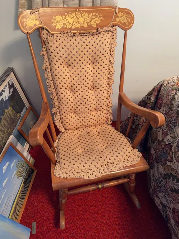 Wooden Rocking Chair with Two Crocheted Blankets