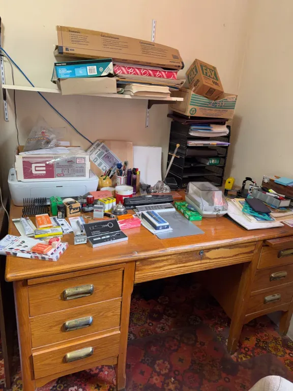 Large Oak Office Desk and Assorted Stationery