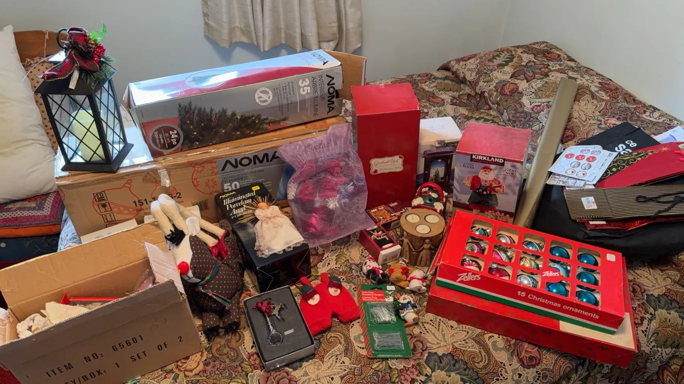 Christmas Decor Lot with Tree, Ornaments, and Accessories