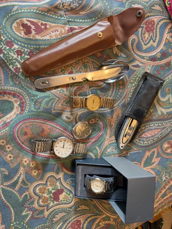 Lot: Watches, Camp Utensils, Folding Knife