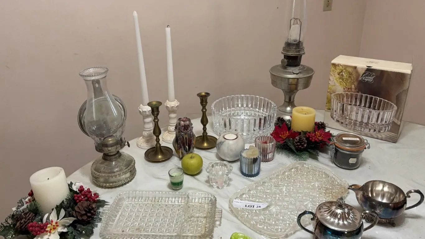 Lot: Oil Lamps, Candleholders, Silver Plate Pieces, Glassware