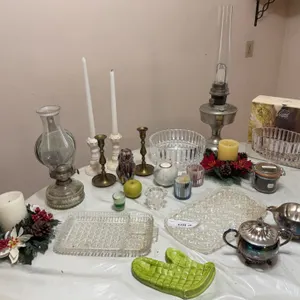Lot: Oil Lamps, Candleholders, Silver Plate Pieces, Glassware
