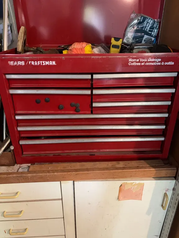 Medium Size Sears Craftsman Toolbox With Gray, Snap-on, and Mastercraft Tools