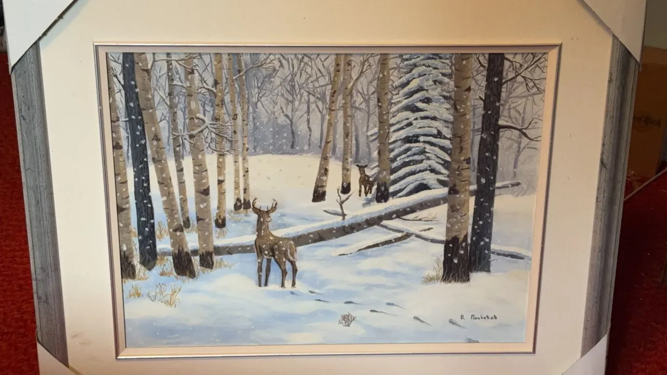 Framed B. Fairbank Winter Forest Deer Painting