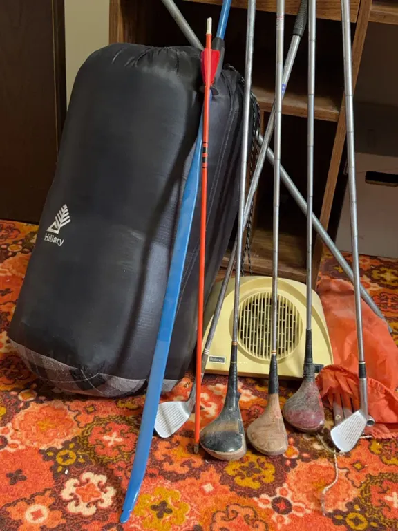 Daco Fiberglass Bow, Antique Golf Clubs, Hilary Sleeping Bag