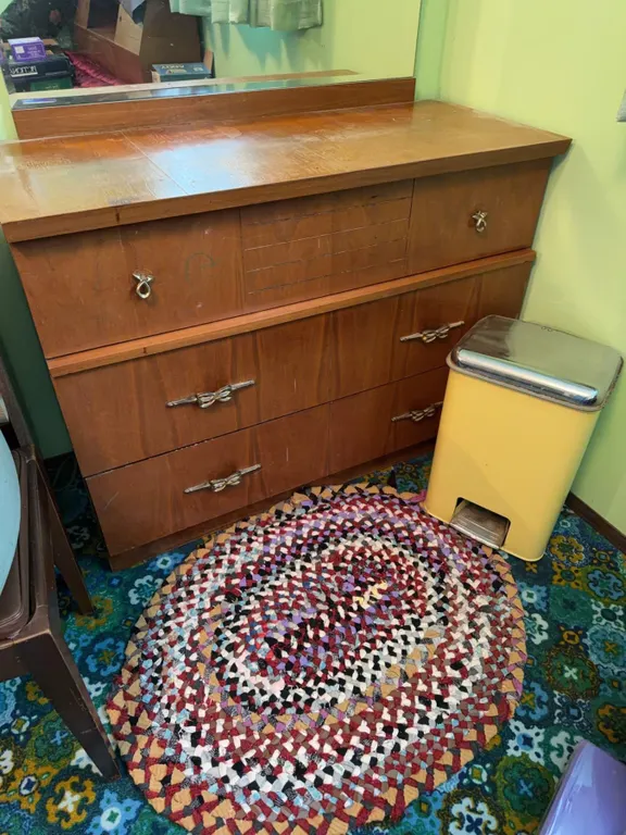 Mid-Century Dresser, Braided Rug and Garbage Bin