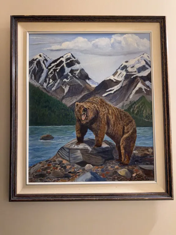 Framed Painting of Bear by Mountain Lake