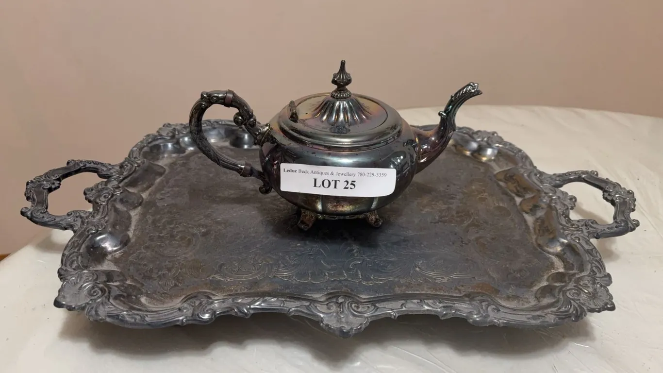 Silver Plated Ornate Tray and Teapot Set