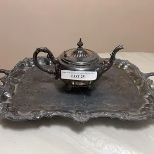 Silver Plated Ornate Tray and Teapot Set