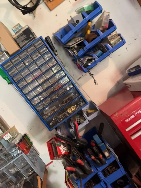 Hardware Storage Bins With Miscellaneous Fasteners and Clamps