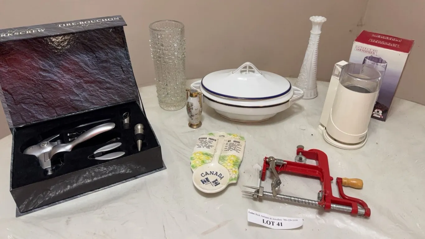Housewares Lot: Corkscrew, Porcelain, Kitchen Tools