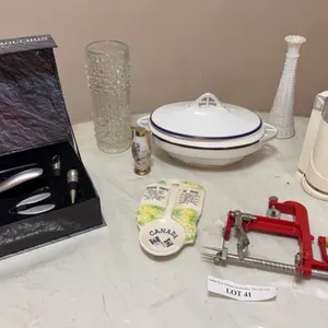 Housewares Lot: Corkscrew, Porcelain, Kitchen Tools