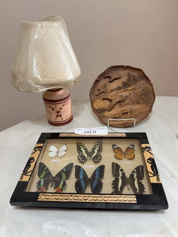 Decorative Butterfly Shadowbox, Carved Plate, and Lamp