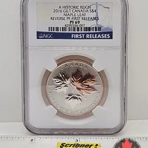 RCM Issue: A Historic Reign 2016 Gilt Canada $4 Maple Leaf : Fractional Reverse Proof Coin : 1/2oz (