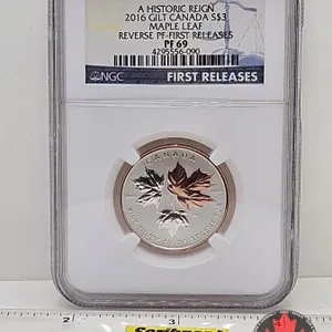 RCM Issue: A Historic Reign 2016 Gilt Canada $3 Maple Leaf : Fractional Reverse Proof Coin : 1/4oz (