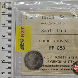 Canada Five Cent 1875H : Small Date (ICCS Cert : F-12)