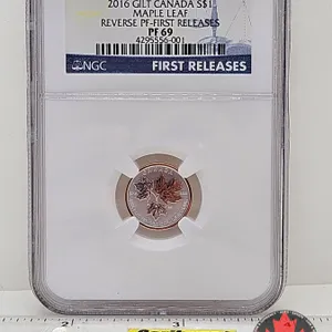 RCM Issue: A Historic Reign 2016 Gilt Canada $1 Maple Leaf : Fractional Reverse Proof Coin : 1/20oz 