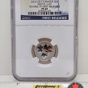 RCM Issue: A Historic Reign 2016 Gilt Canada $2 Maple Leaf : Fractional Reverse Proof Coin : 1/10oz 
