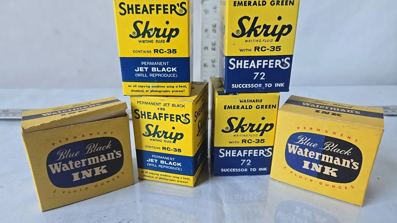4 - Skrip Ink Bottles - full & 2- Waterman's Ink Bottles - full