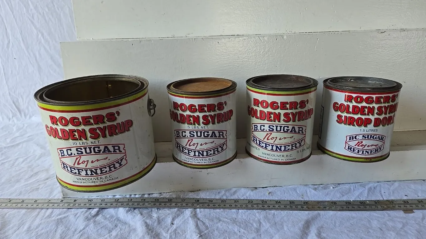 4 - Roger's Golden Syrup Cans, 5lb. (3) & 10lb. (1)