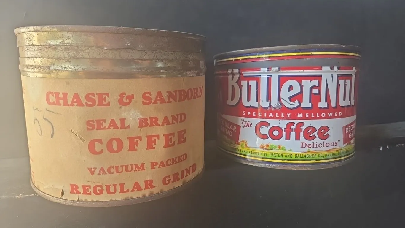 2 - 1lb. Coffee Tins, Butter-Nut & Chase & Sanborn (paper label)