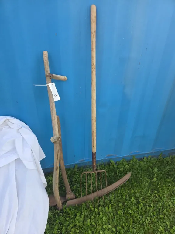 Garden tools, scythe, pick & pitch fork
