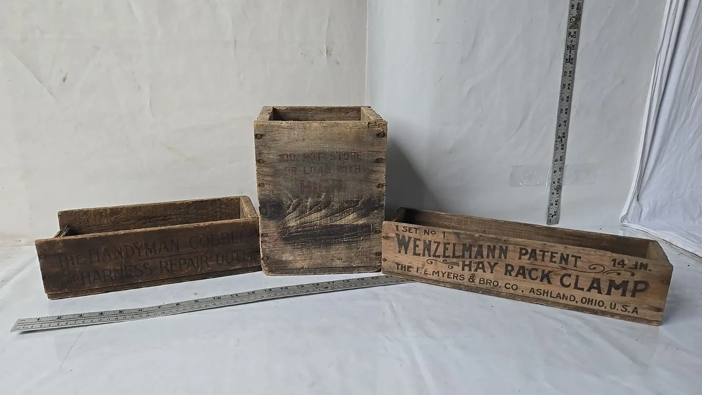 3 - Sm. Advertising Boxes - Tallmans & Simkins, Flin Flon, Wenzelmann Hay Rack Clamp & The Handyman Cobbler