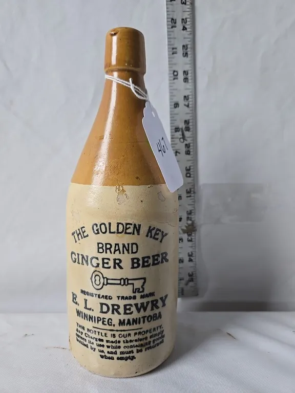 E.L. Drewry Golden Key Ginger Beer Bottle - repaired & crack