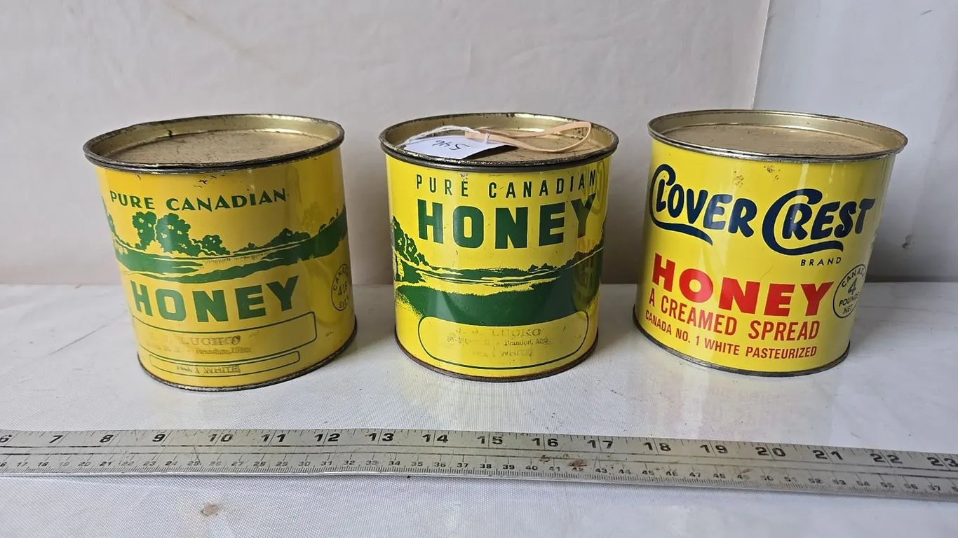 3 - 4lb. Honey tins, Pure Canadian & Clover Crest