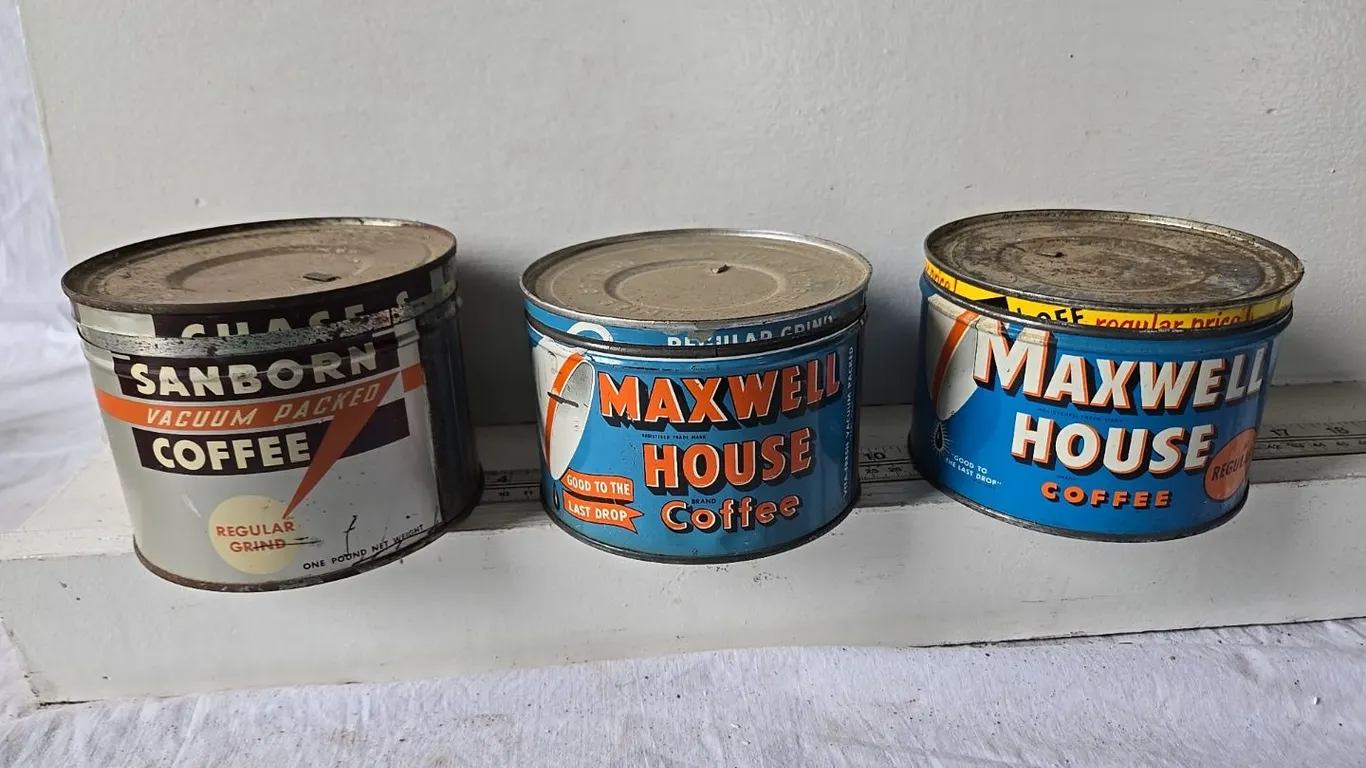 3 - 1lb. Coffee tins; Maxwell House & Sanborn