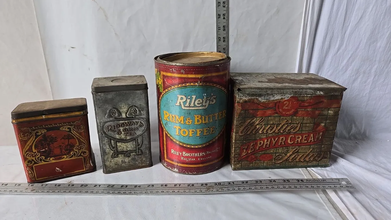 Confectionary Tins; Riley's, Christie's paper label, Ridgeway's, & Tea