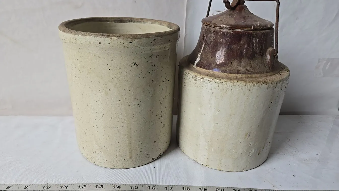 1 Gal. Crock & 1 Gal. Cannister Crock - both chipped & cracked