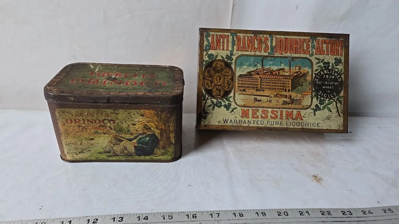 Messina Licorice 5lb. tin & Tucketts Orinoco Tin