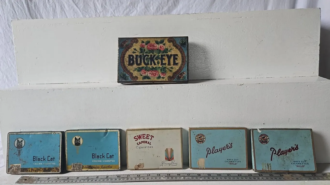 Tobacco Tins - Black Cat, Player's & Sweet Caporal & Buckeye Cash Box