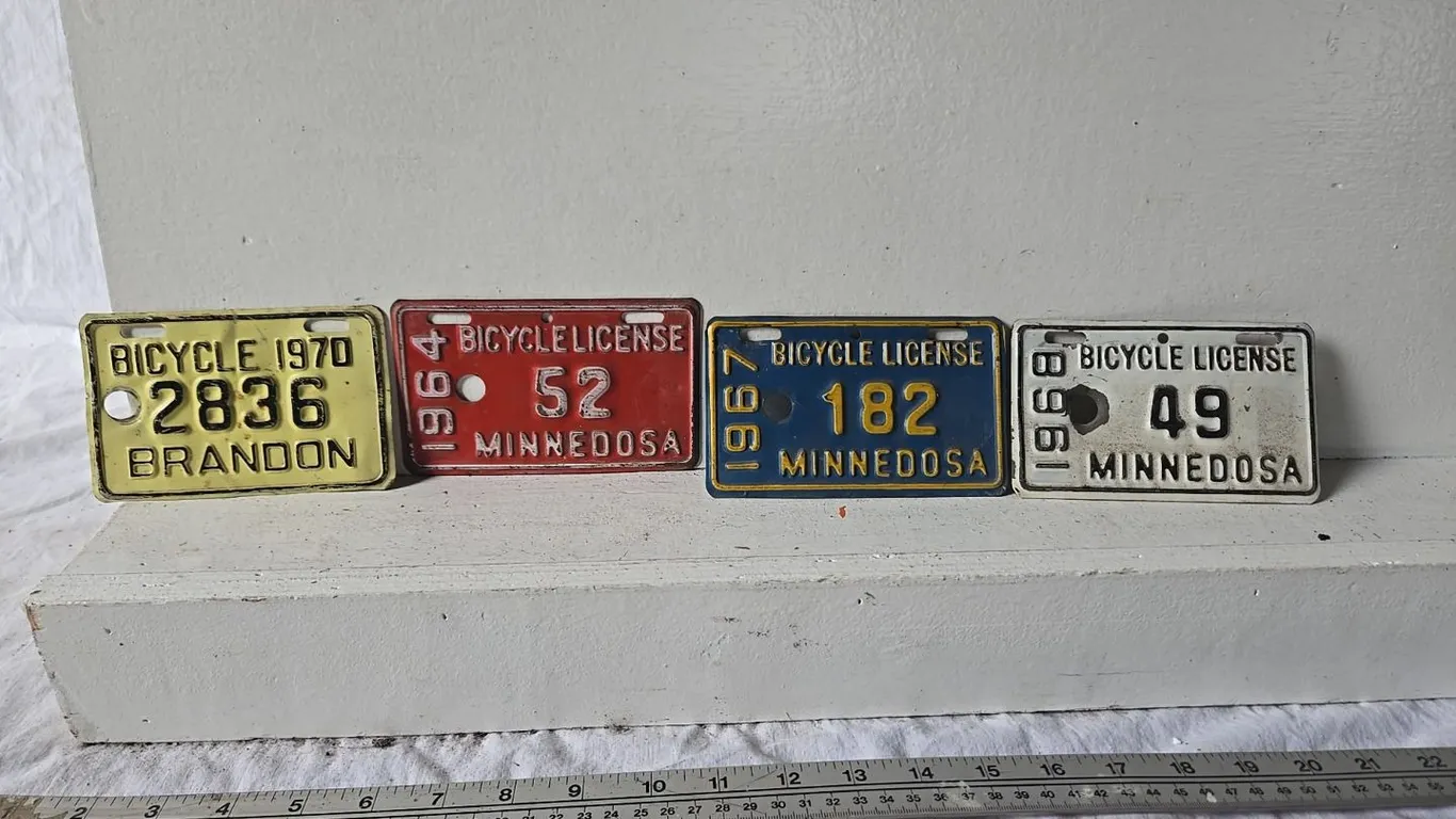 3 - Minnedosa Bicycle Plates; 1964, 67 & 68; Brandon 1970