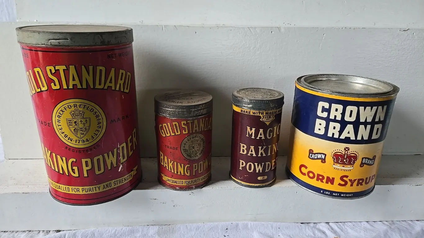 4 - Kitchen Tins; Crown Brand, Gold Standard & Magic Baking Powder