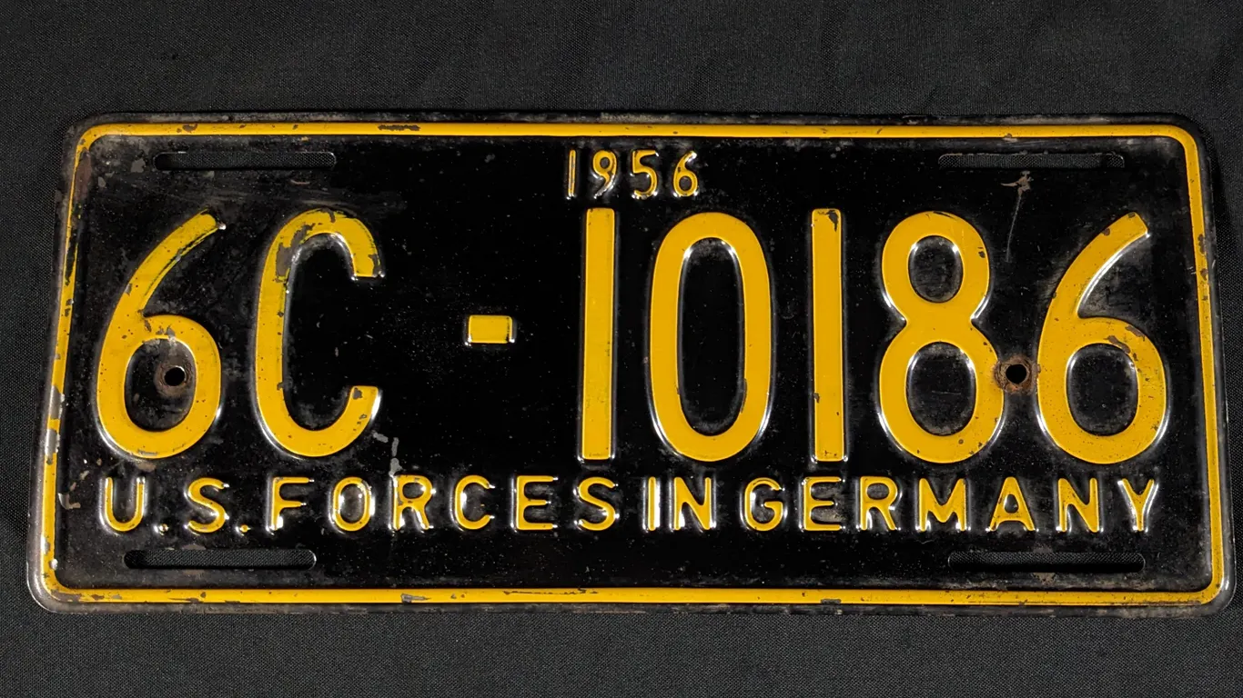 1956 US FORCES IN GERMANY LICENSE PLATE 6C-10186 UNITED STATES MILITARY