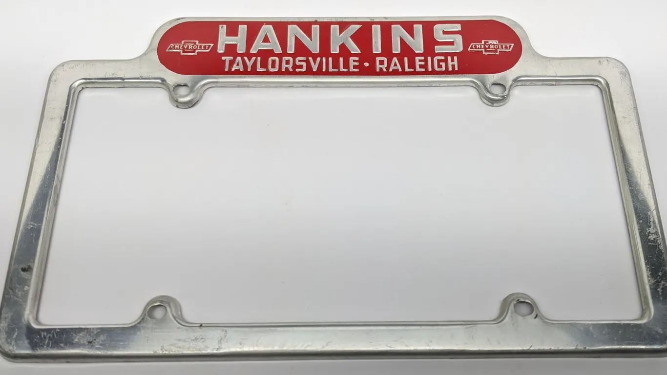 LICENSE PLATE FRAME HANKINS CHEVROLET TAYLORSVILLE RALEIGH NORTH CAROLINA