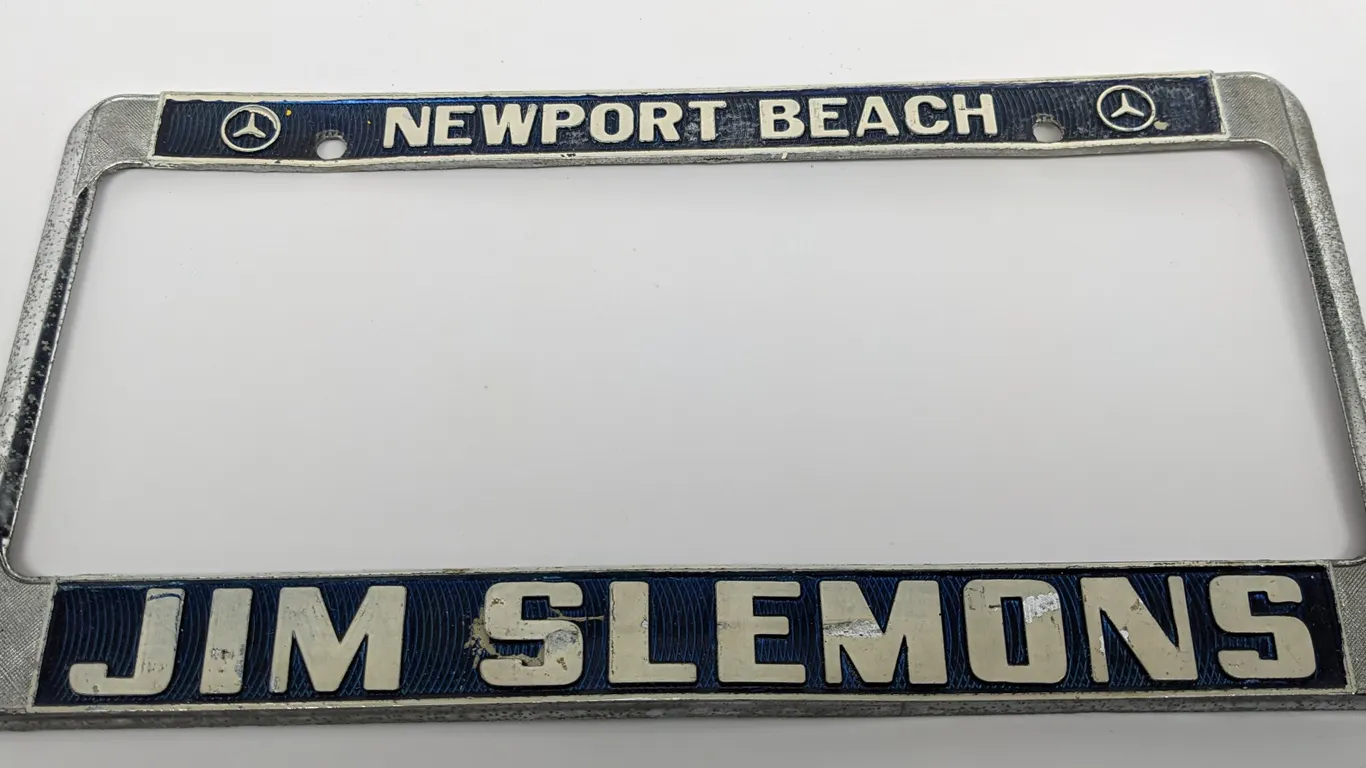 LICENSE PLATE FRAME JIM SLEMONS MERCEDES NEWPORT BEACH CALIFORNIA