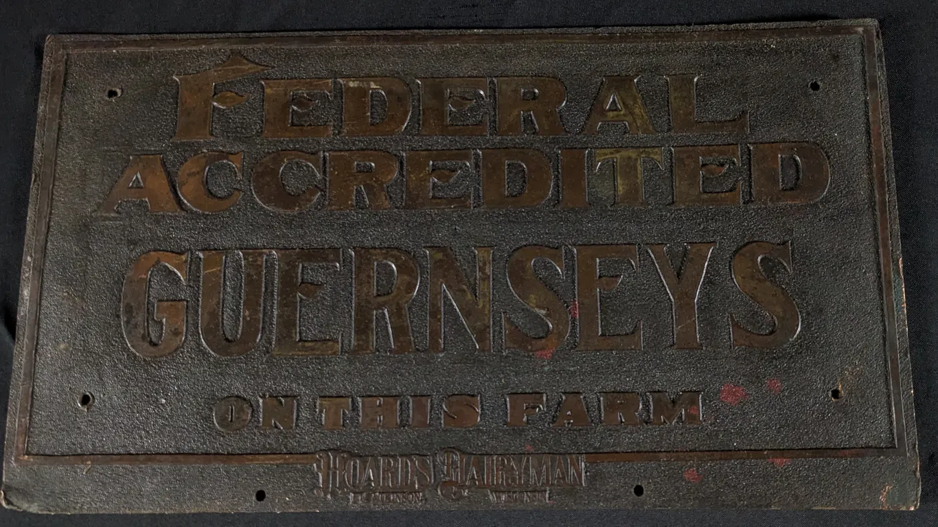 ANTIQUE BRASS PLATED LEAD-ZINC SIGN DAIRY FARM SIGN FEDERAL ACCREDITED GURNSEYS ON THIS FARM HOARDS