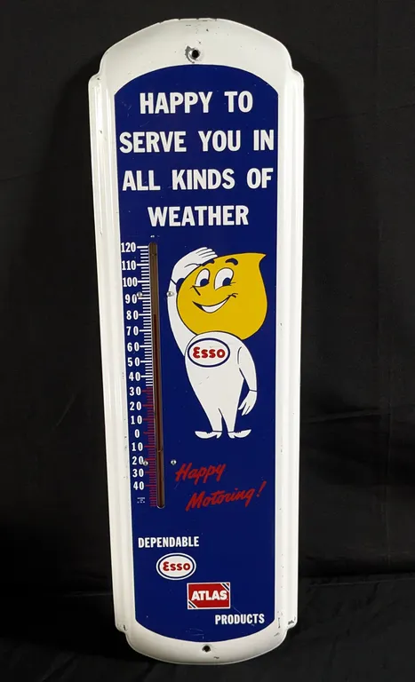 TIN THERMOMETER SIGN HAPPY MOTORING ESSO ATLAS PRODUCTS