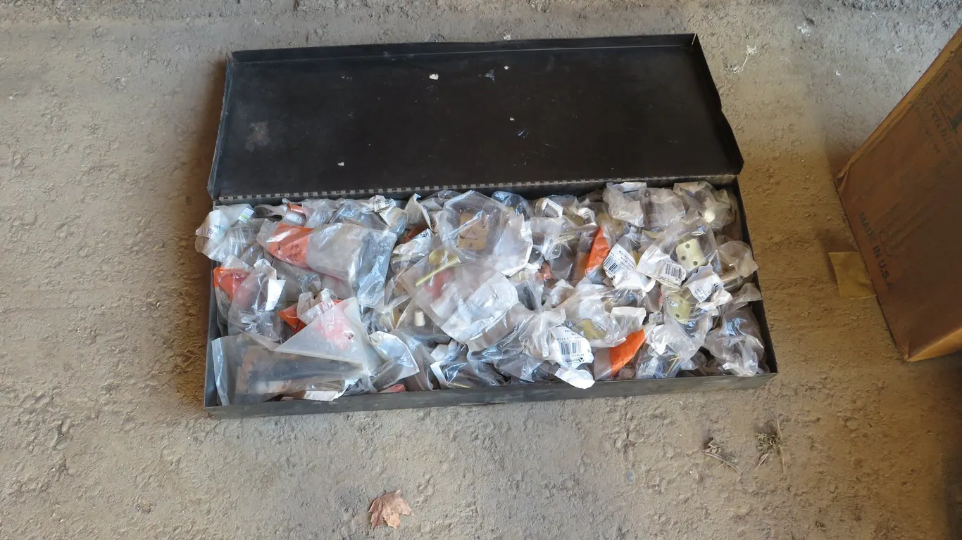 Metal Box With Assorted Hardware and Hinges
