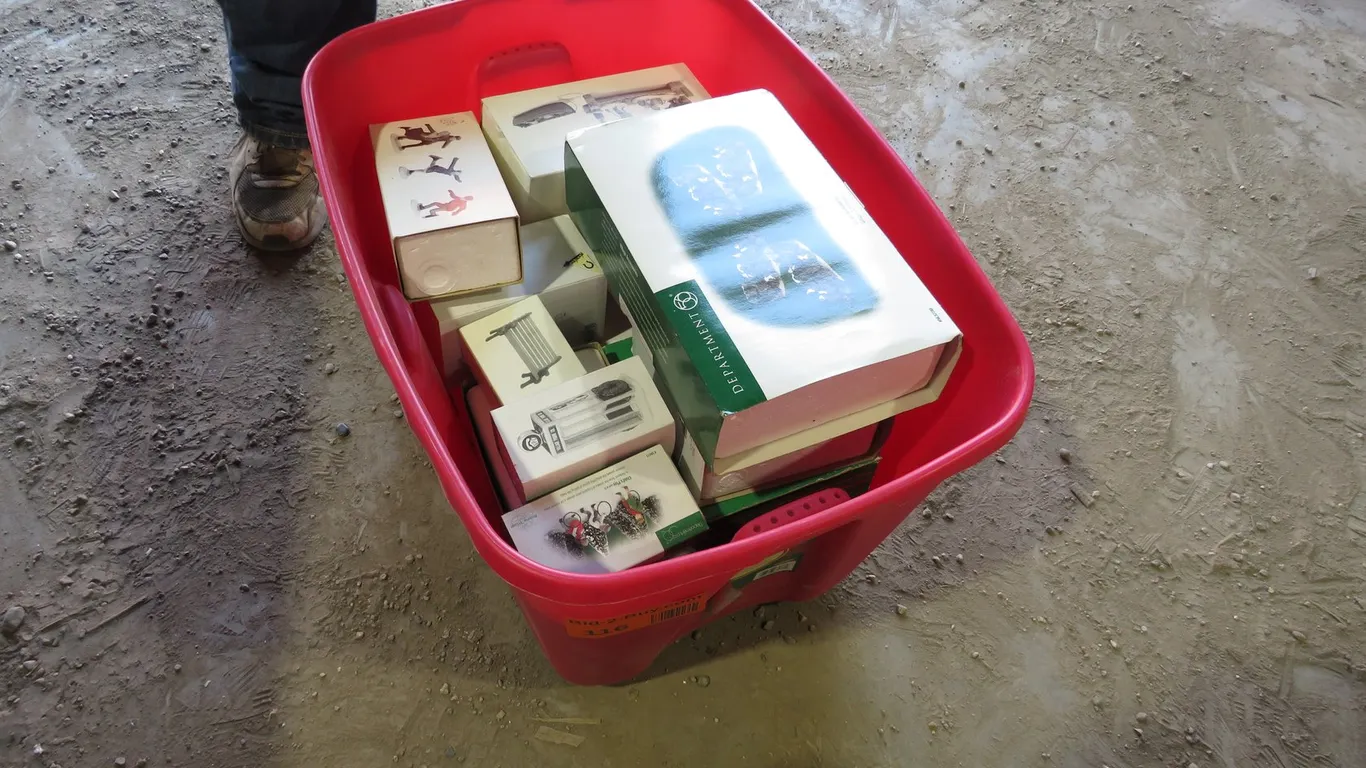 Tote of Christmas Houses and Figurines