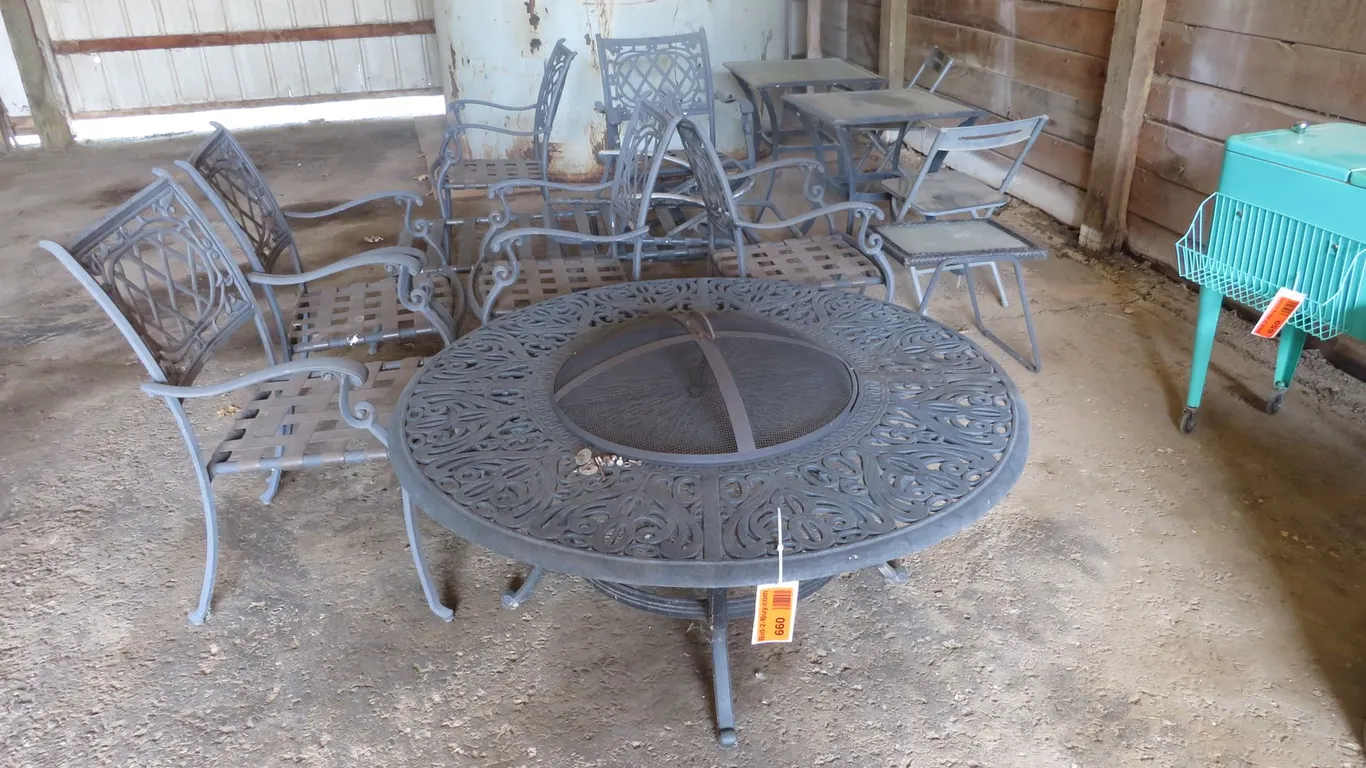 (2) Patio Endtables, (4) Chairs, (1) Lounge Chair and Firepit Table