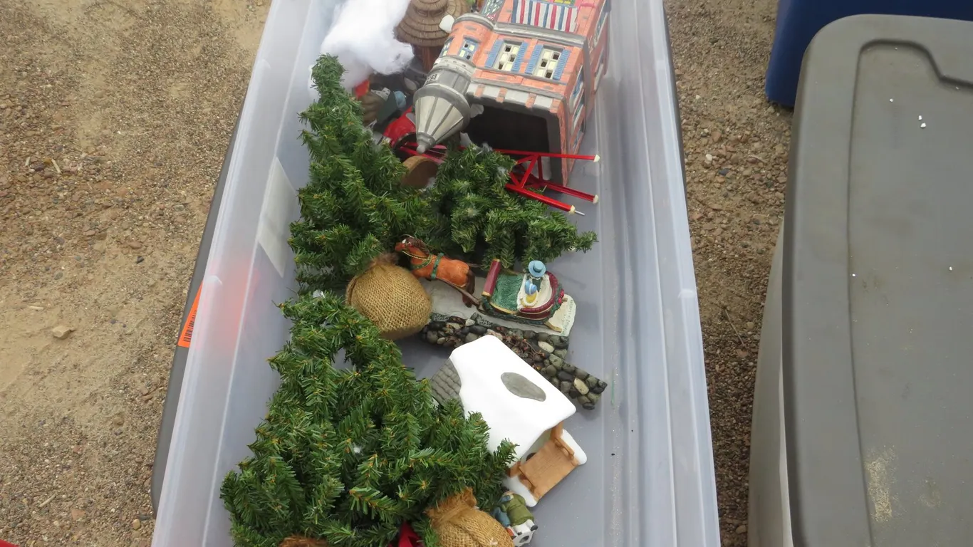 Tote of Christmas Decorations and Houses