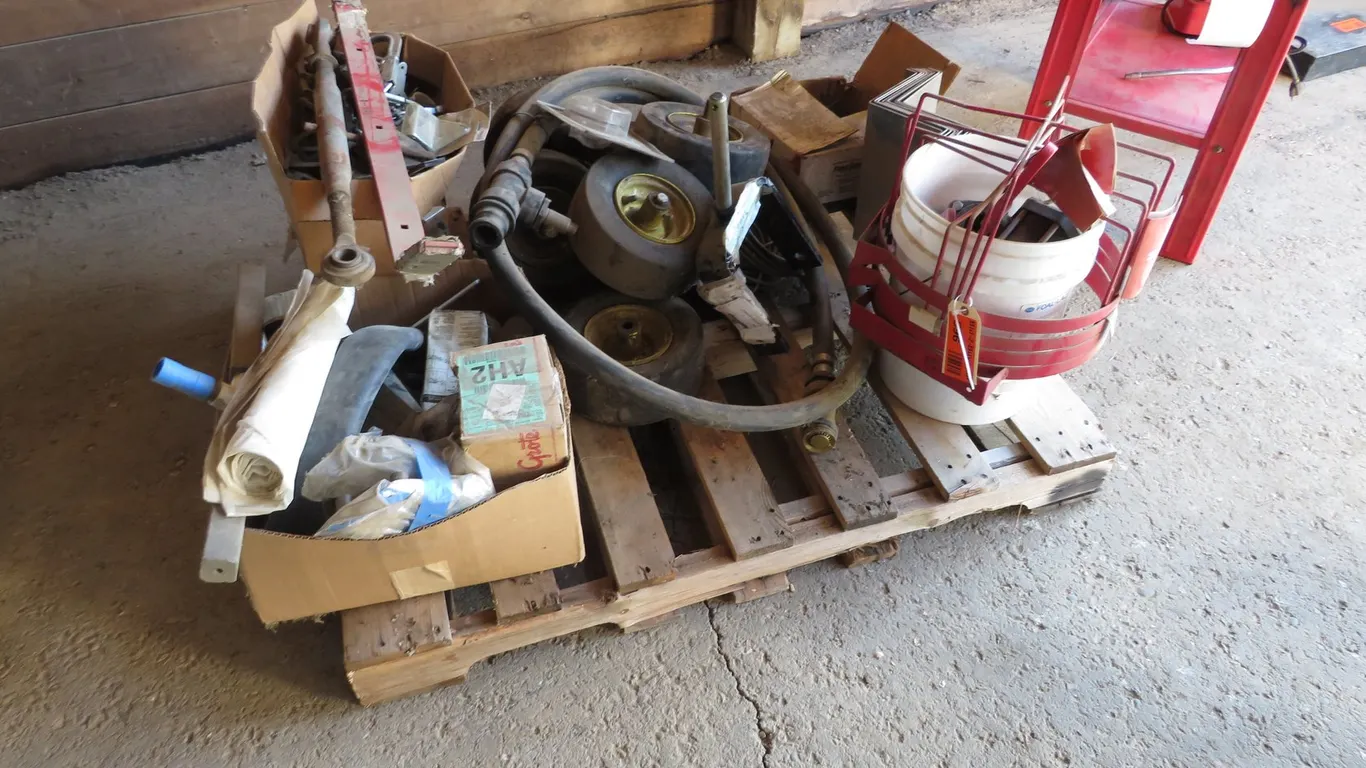 Pallet of Assorted Lawnmower Wheels, Hose, Nails and Fittings